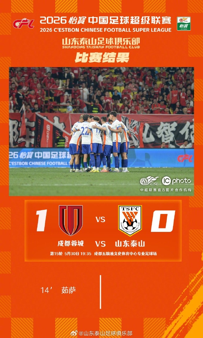 九游娱乐官方网站-5月30日，2026赛季中超联赛第15轮，山东泰山客场0-1惜败成都蓉城